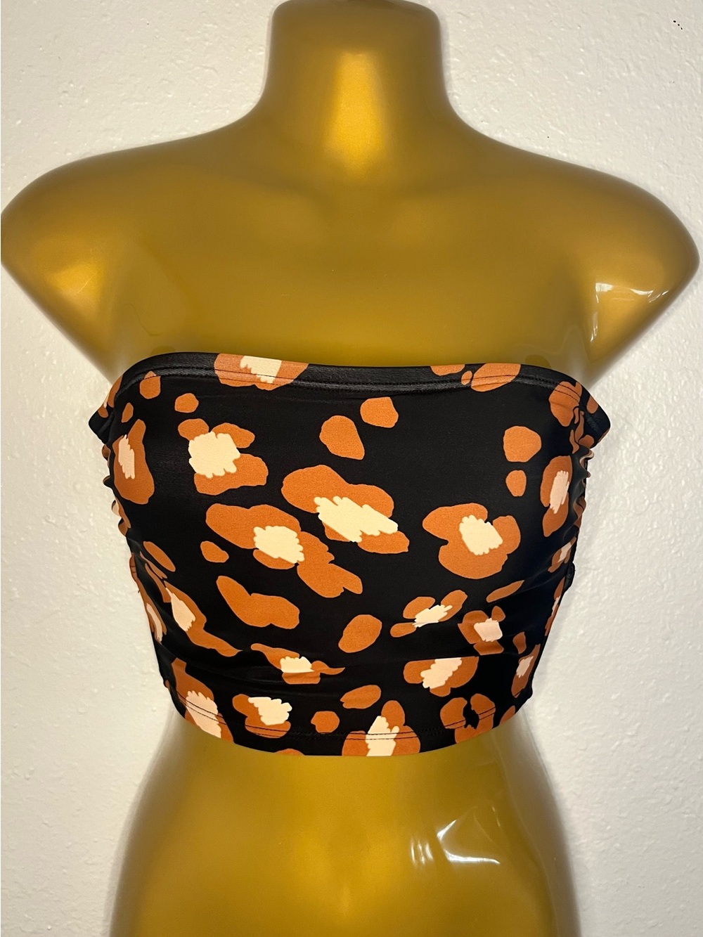 Black Strapless Crop Top with Orange & Cream Animal Print
